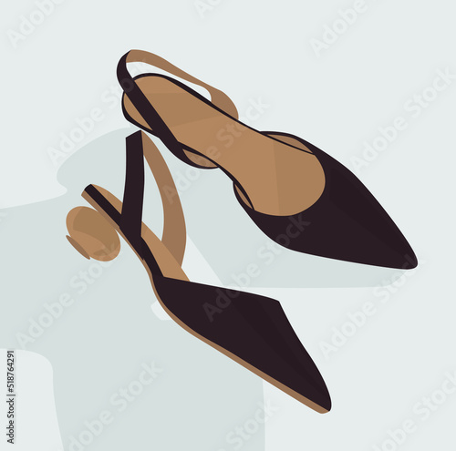 Vector flat image of women's summer shoes with heels with a strap. Burgundy mules with round heels. Design for posters, backgrounds, templates, textiles, banners, cards.