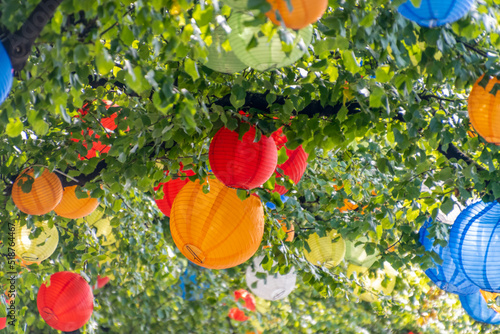 viele bunte Lampions hängen an den Ästen eines Baumes Party Feiern