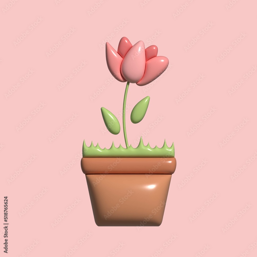 Pink flower in pot isolated on white background. Realistic rose in a pot. Realistic modern minimal design element. 3d illustration on pink background