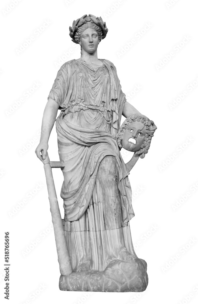 Ancient marble statue of Melpomene Goddess of Tragedy. Antique female sculpture. Sculpture isolated on white background with clipping path