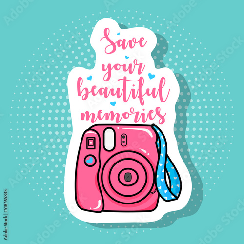 Sticker, polaroid camera with blue trinket, hearts, icon on pop art retro vintage background, trendy color illustration
