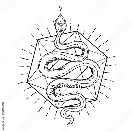 Snake and triple moon phases. Sacred geometry, celestial pagan Wiccan goddess symbol. Magic wicca witch sign, energy circle, boho style, vector isolated on white background