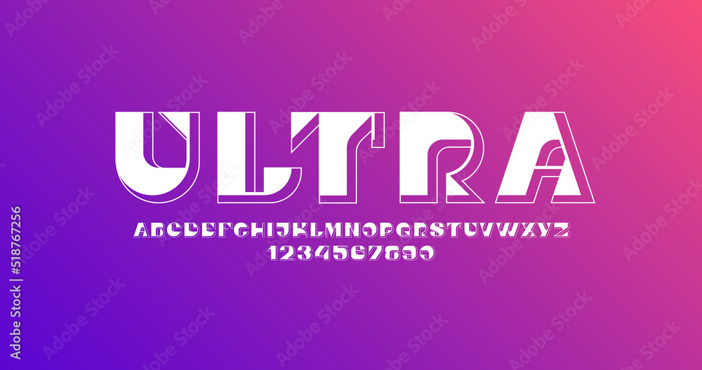 Ultra font, white modern alphabet, letters and numbers, vector illustration 10EPS