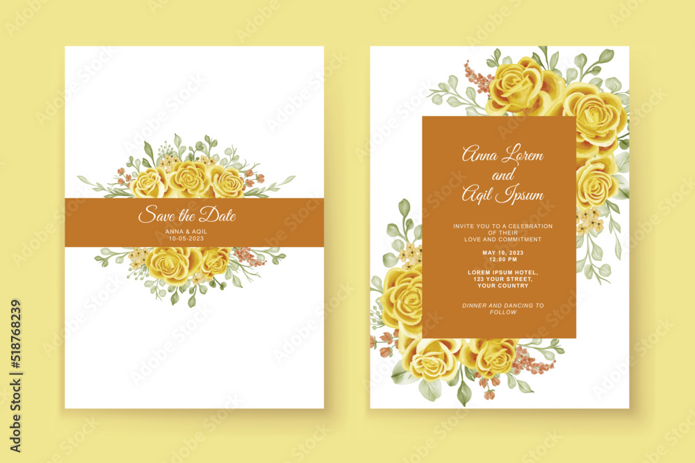 Naklejka premium wedding invitation template with yellow rose decoration
