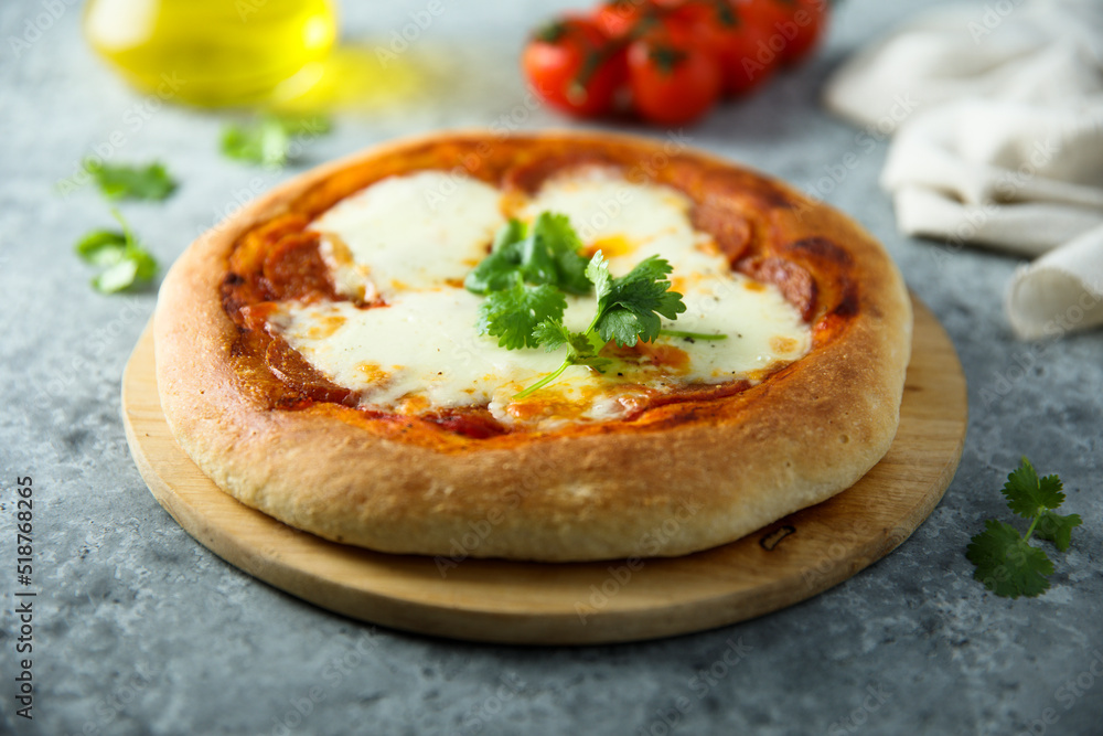 Homemade pizza with mozzarella cheese Homemade pizza with mozzarella cheese