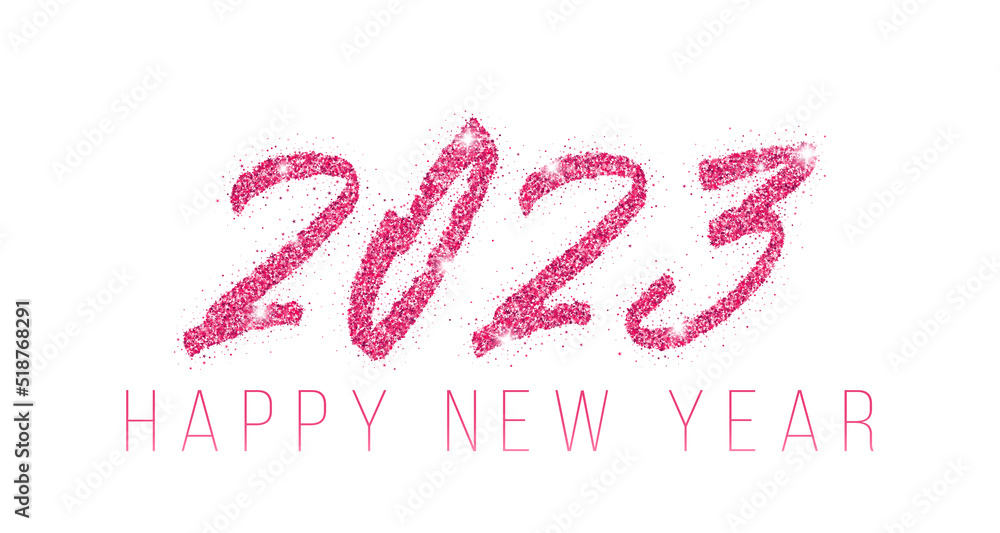 Pink gold 2023 Happy New Year vector poster. Confetti particles number lettering. Pink gold 2023 Happy New Year vector poster. Confetti particles number lettering.
