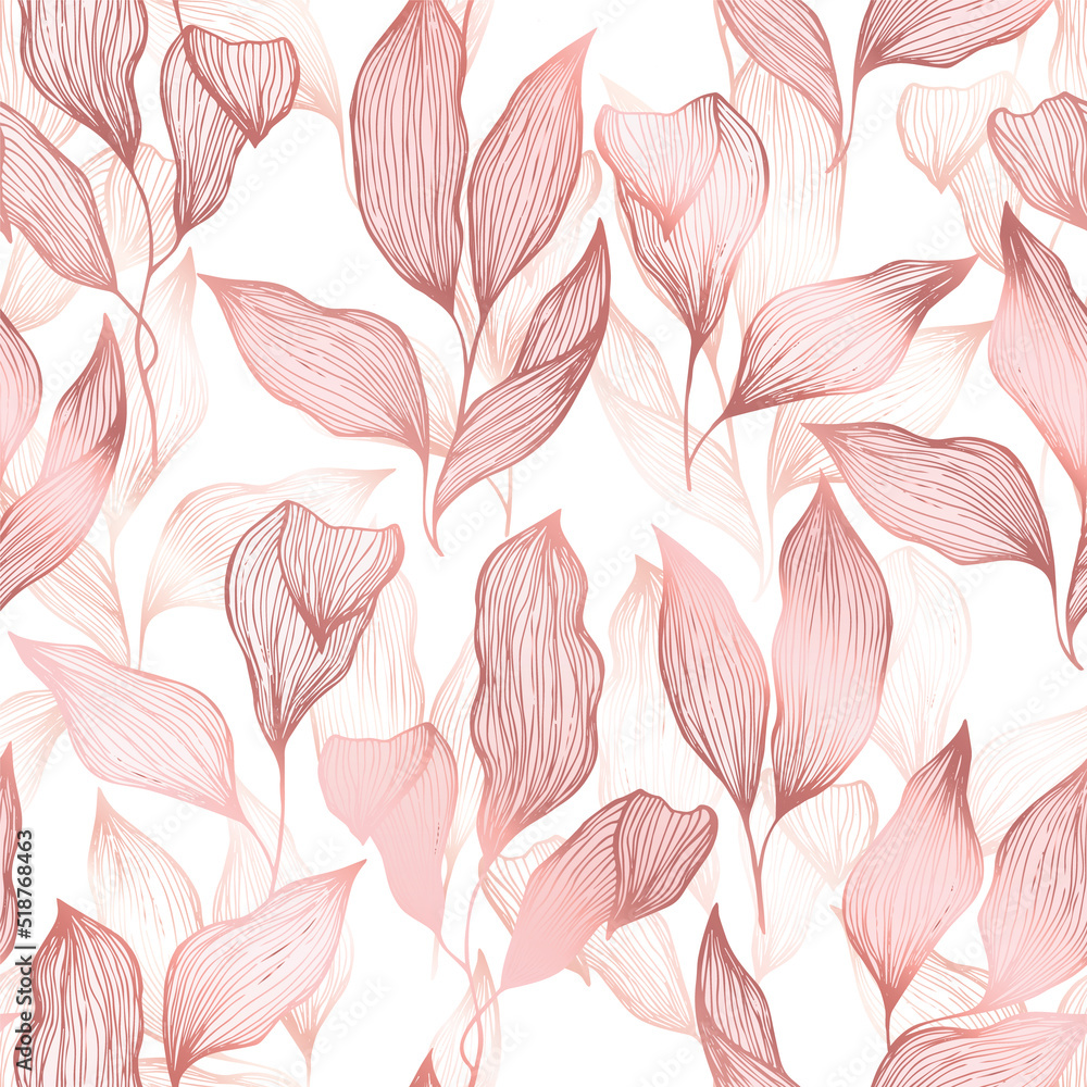 Premium floral pattern with bush leaves tree foliage in pink gold colors. Silk fabric print.