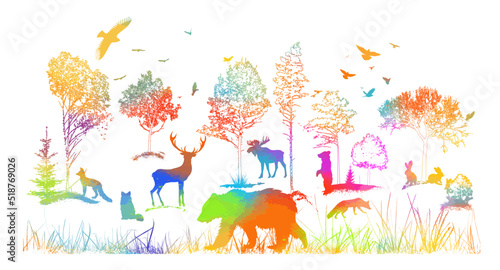 Forest landscape with colorful silhouettes of animals. Vector illustration