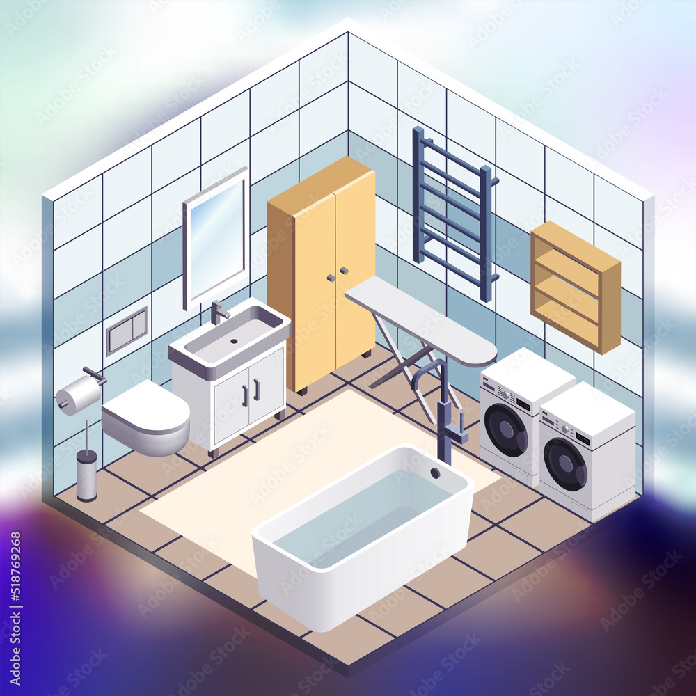 Bathroom interior isometric illustration on colorful bright gradient background