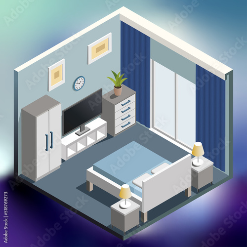 Bedroom interior isometric illustration on colorful bright gradient background