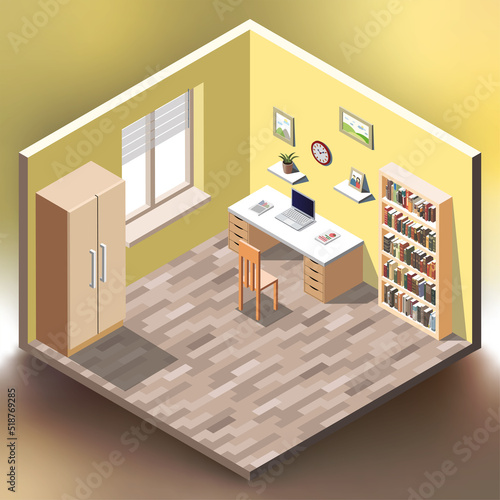 Office room interior isometric illustration on colorful bright gradient background