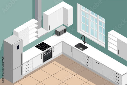 Kitchen interior vector isometric illustration