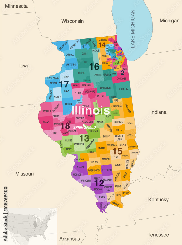 Illinois's congressional districts (2013-2023) vector map with neighbouring states and terrotories