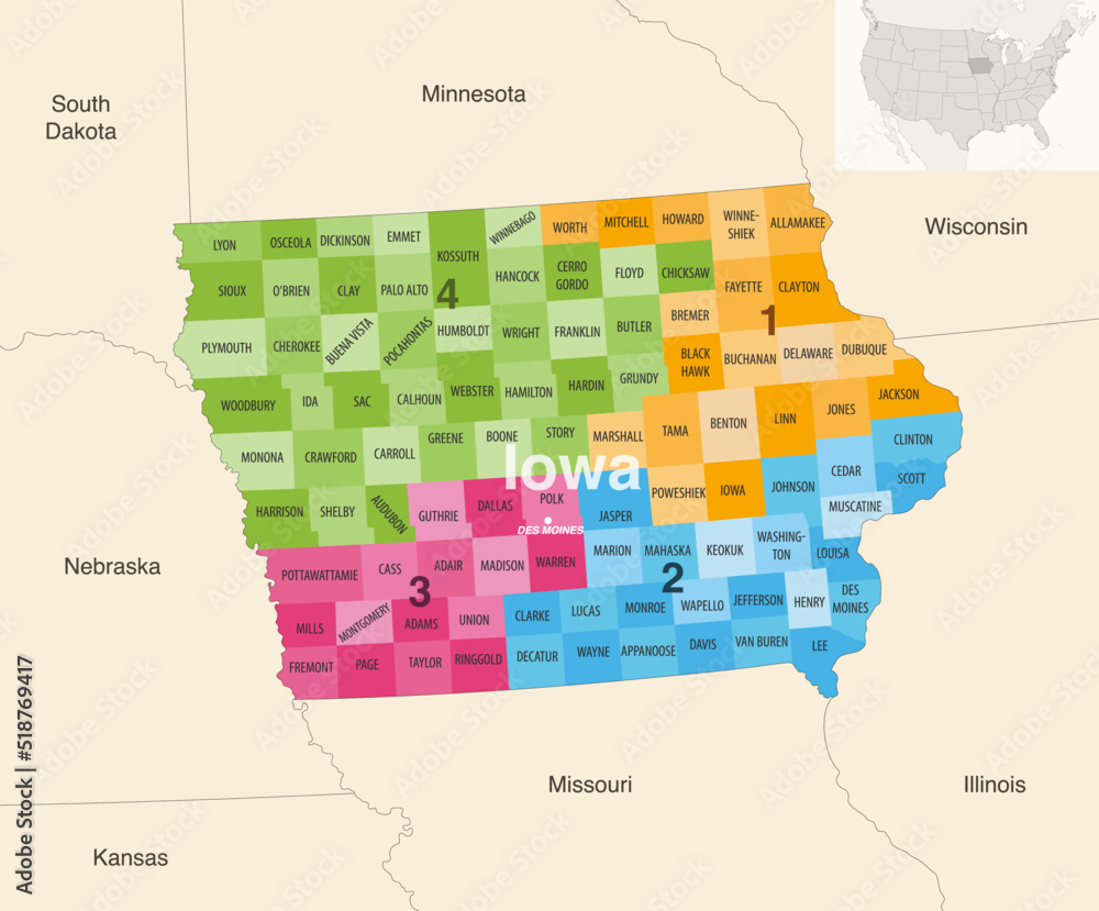 Iowa's congressional districts (20132023) vector map with neighbouring