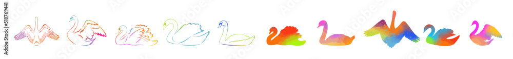 Set of multicolored swan silhouettes. One line drawing. Vector illustration Set of multicolored swan silhouettes. One line drawing. Vector illustration
