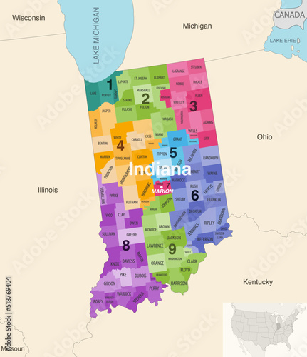 Indiana's congressional districts (2013-2023) vector map with neighbouring states and terrotories