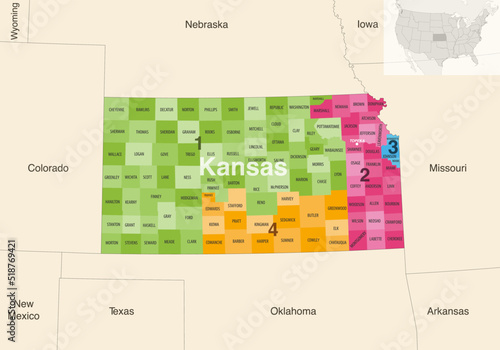 Kansas's congressional districts (2013-2023) vector map with neighbouring states and terrotories