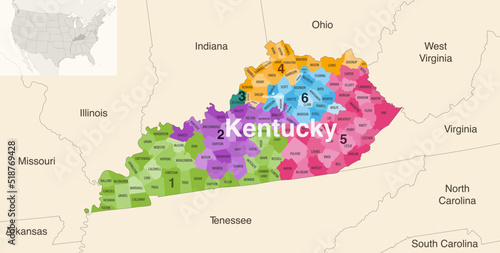 Kentucky's congressional districts (2013-2023) vector map with neighbouring states and terrotories