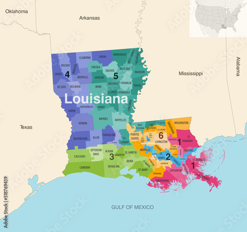 Louisiana's congressional districts (2013-2023) vector map with neighbouring states and terrotories