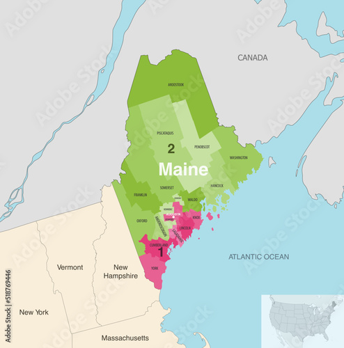 Maine's congressional districts (2013-2023) vector map with neighbouring states and terrotories