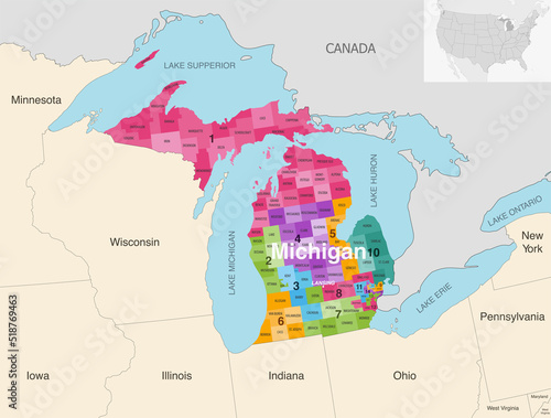 Michigan's congressional districts (2013-2023) vector map with neighbouring states and terrotories