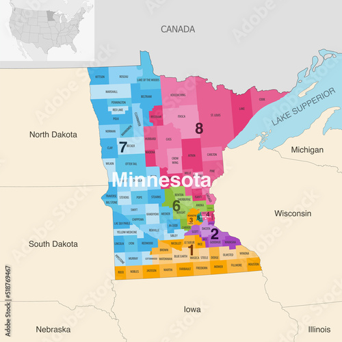 Minnesota's congressional districts (2013-2023) vector map with neighbouring states and terrotories