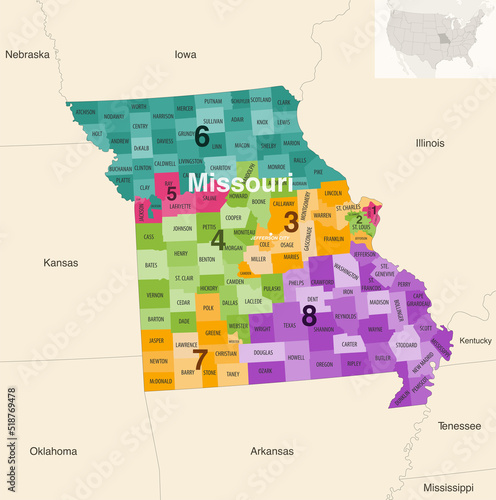 Missouri's congressional districts (2013-2023) vector map with neighbouring states and terrotories