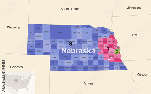 Nebraska's congressional districts (2013-2023) vector map with neighbouring states and terrotories