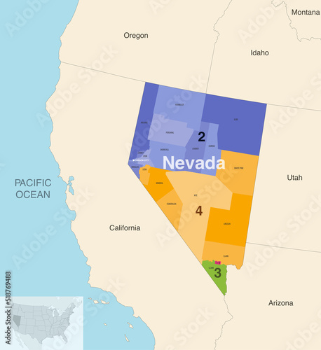 Nevada's congressional districts (2013-2023) vector map with neighbouring states and terrotories