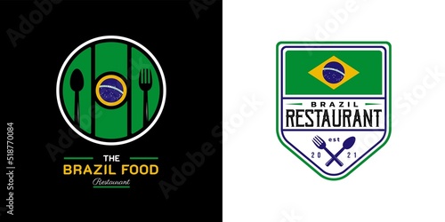 Brazil Food Restaurant Logo. Brazil flag symbol with Spoon, and Fork icons. Premium and Luxury Logo