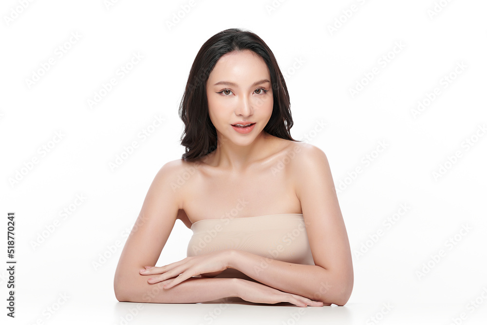 Obraz premium Beautiful young asian woman with clean fresh skin on white background, Face care, Facial treatment, Cosmetology, beauty and spa, Asian women portrait.