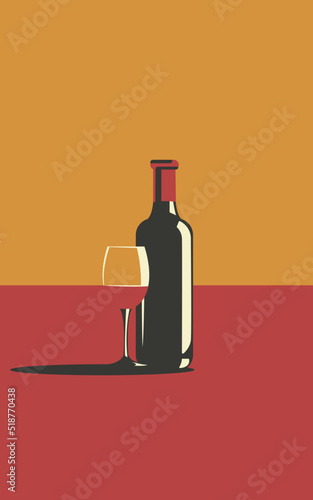 Illustration of a bottle of wine and a glass of wine in retro style.