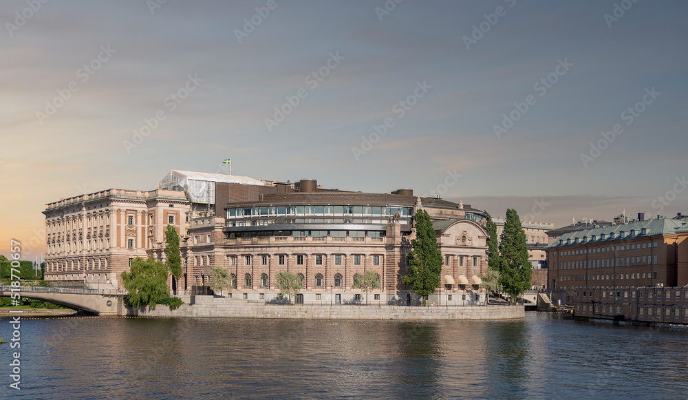 Riksdagshuset, the Swedish Parliament House, located on the island of Helgeandsholmen, Old town, or Gamla Stan, Stockholm, Sweden, in a summer day