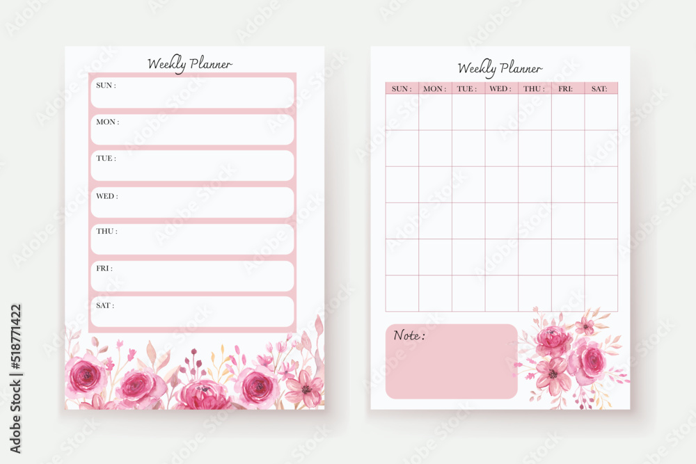 soft pink watercolor flower weekly planner and to do list template