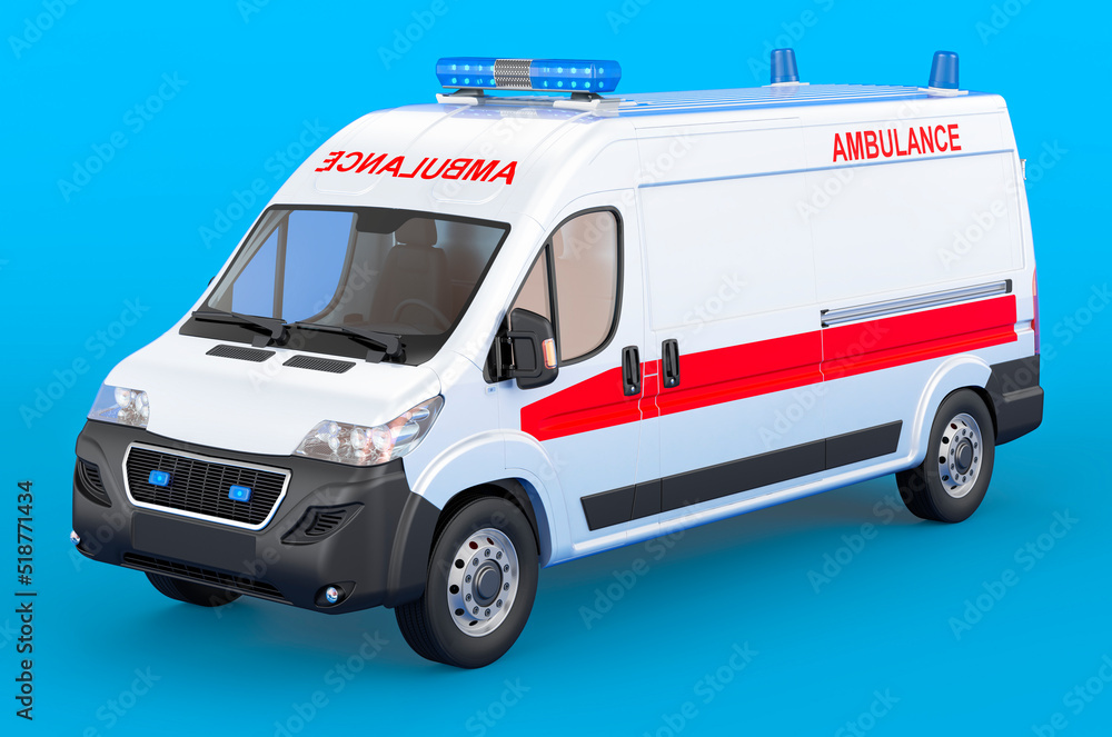 Ambulance van on blue backdrop, 3D rendering Ambulance van on blue backdrop, 3D rendering
