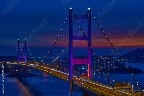China Hong Kong 2022:Sunset over Tsing Ma Bridge at night