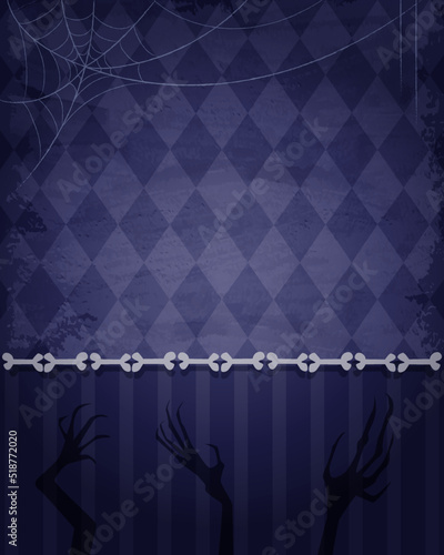 Halloween vector illustration background with frame of aged old room with grunge wallpaper, creepy hands, spider web and bones