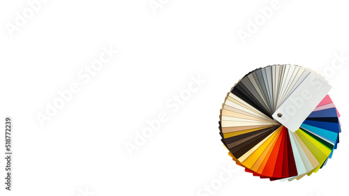 Banner of a color guide displaying a range of hues for use in interior design and decoration. Colorful color guide with a palette of paint samples on white background with copy space