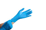 Human hands wearing Variation of latex glove, medical rubber glove isolated on white background.