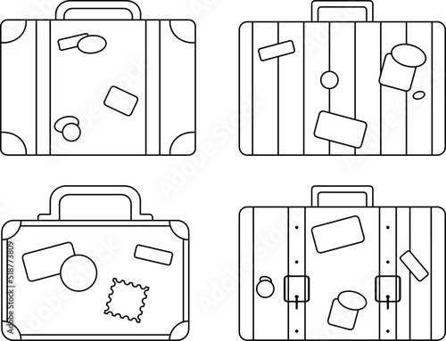 Retro Old Suitcases Line Sketch. Set Of Travel Baggage Vector Illustration In Flat Style