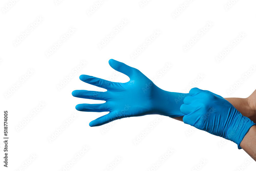 Human hands wearing Variation of latex glove, medical rubber glove isolated on white background. Human hands wearing Variation of latex glove, medical rubber glove isolated on white background.