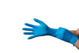 Human hands wearing Variation of latex glove, medical rubber glove isolated on white background.