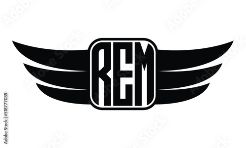 REM three Letter Wings Flying Initial wing symbol minimalist creative concept flag icon professional logo design Vector template with abstract black and white tattoo