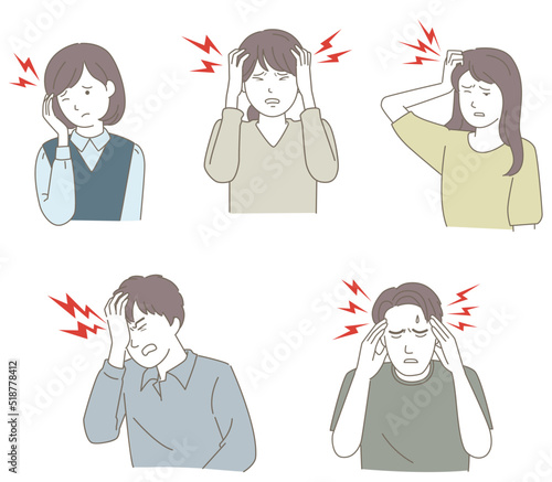 頭が痛い人の上半身イラストセット、頭痛の種類