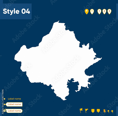 Rajasthan, India - map isolated on blue background. Outline map. Vector map.