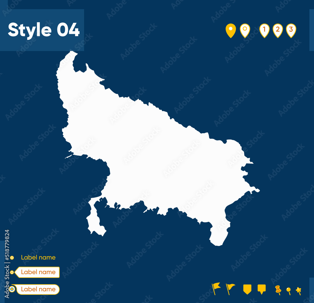 Uttar Pradesh, India - map isolated on blue background. Outline map. Vector map.