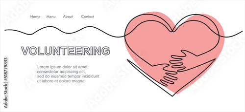 Continuous one line drawing of volunteering hands with heart.  Illustration with quote template. Can used for logo, emblem, slide show and banner.