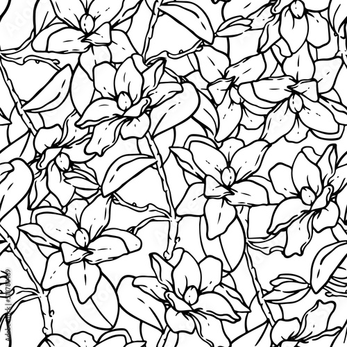 Monochrome background. Elegant hand-drawn vector seamless pattern. Outline drawing, botanical sketch. Elegant lines. Fabric floral print design. Graphic artwork, blooming lilies.