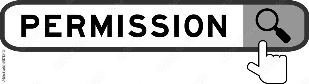 Search banner in word permission with hand over magnifier icon on white background Search banner in word permission with hand over magnifier icon on white background