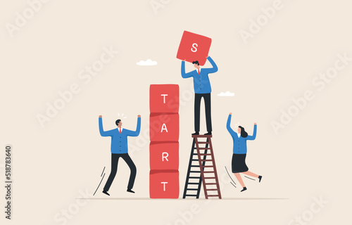 Starting a business team. start new job or career. plan for business direction. Success of the team together. People  connect puzzle elements with the word start.